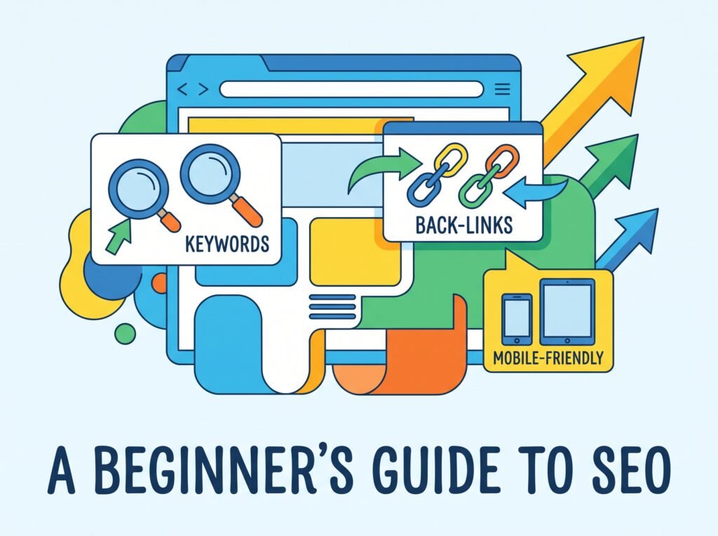 An introductory SEO guide graphic highlighting core search engine optimization pillars: keywords, back-links, and mobile-friendly design.